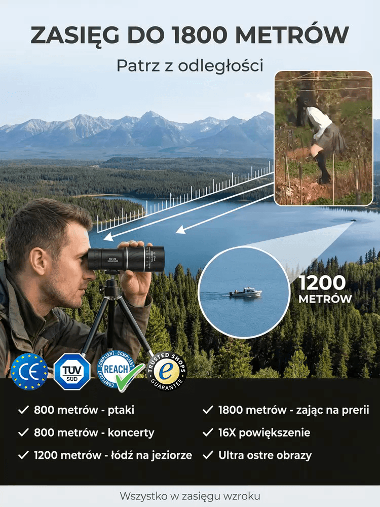 Wojskowy Monokular 16X HD | Zasięg 1800m | Płatność przy odbiorze