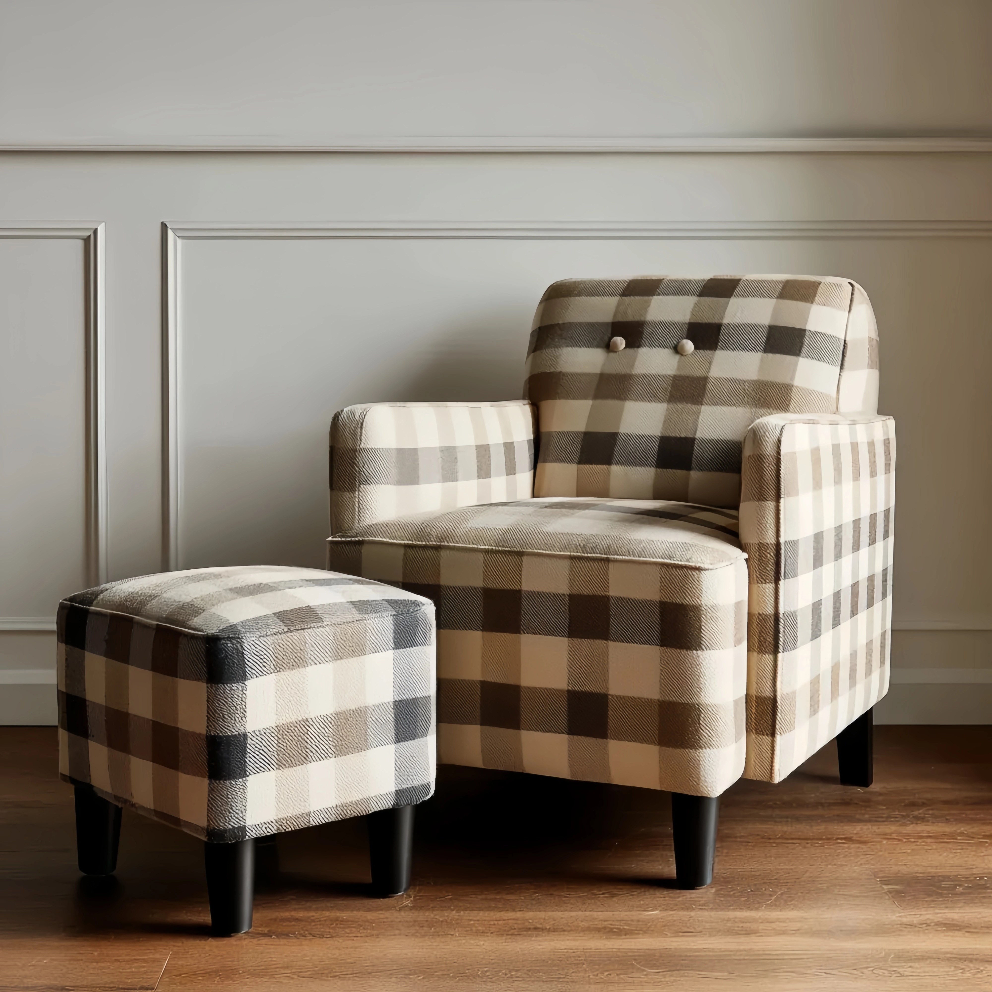 Sessel mit Fußhocker Karomuster Stoff 75x85x70 cm – Beige/Braun