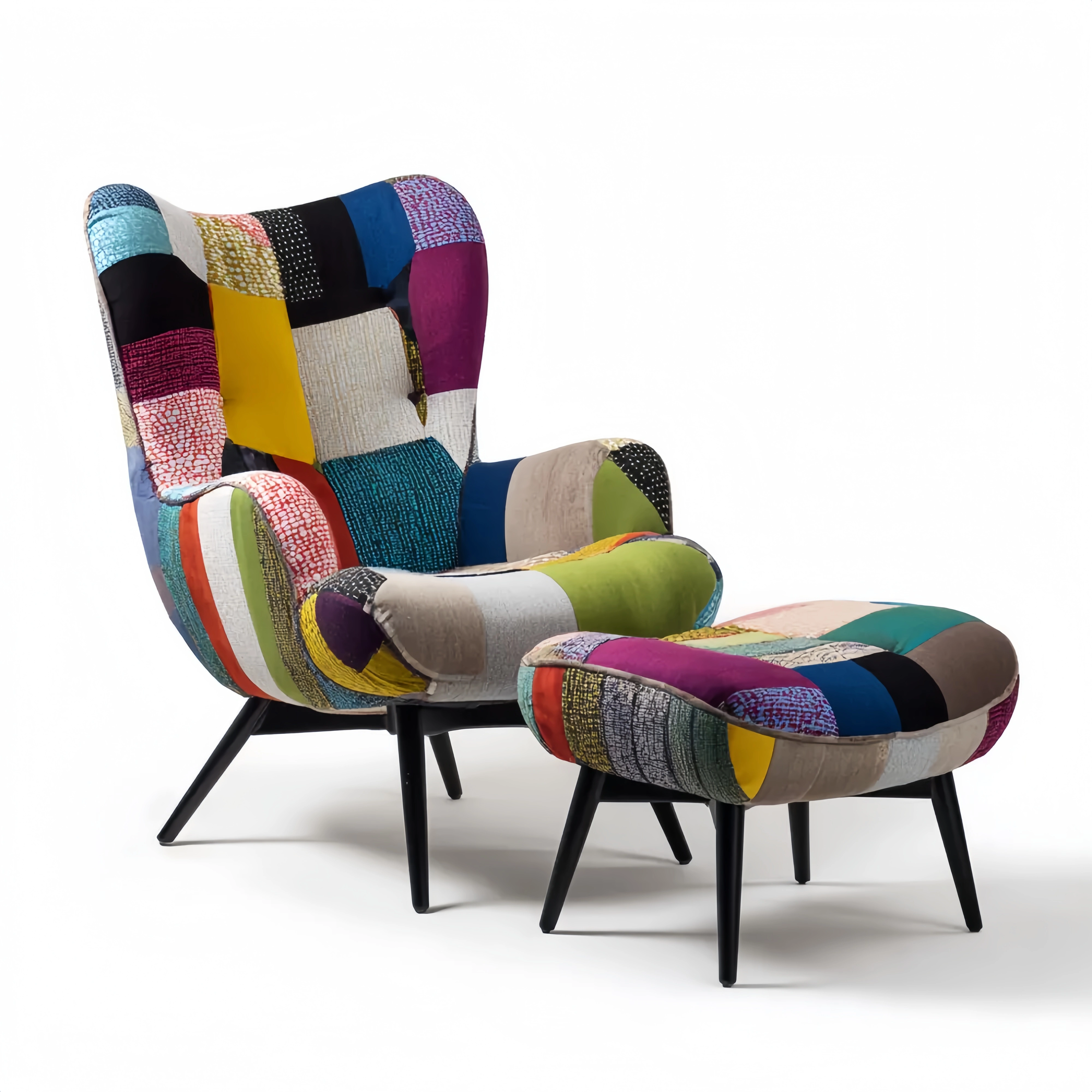 Lounge Sessel Patchwork Stoffbezug 75x85x100 cm mit Fußhocker 55x40x35 cm - Bunt - Retro Design