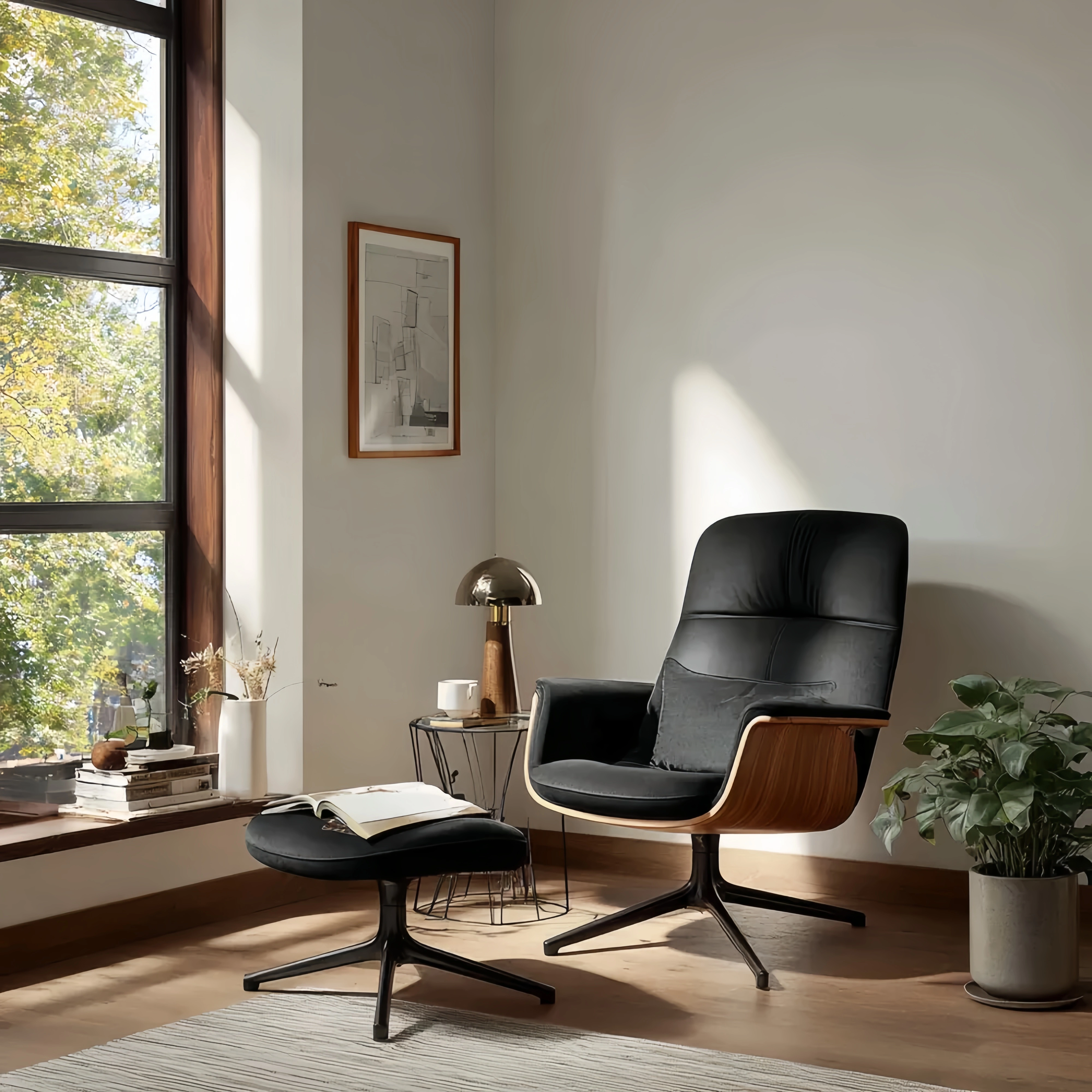 Loungesessel Kunstleder 80x85x100 cm – Schwarz – Modernes Design mit Hocker