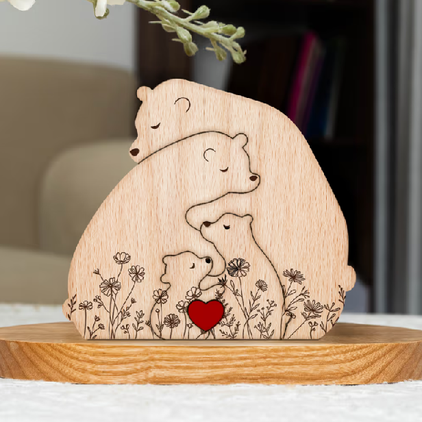 Rodinka objímajúcich medveďov - kvetinová verzia - personalizované drevené puzzle s rodinou medveďov