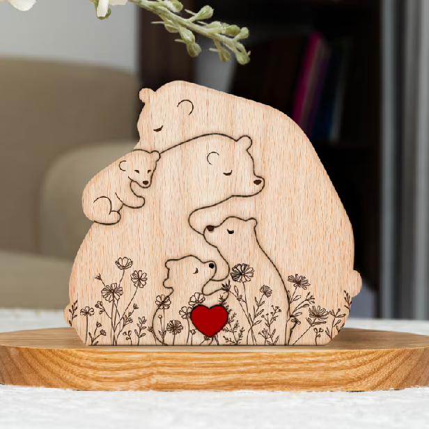 Rodinka objímajúcich medveďov - kvetinová verzia - personalizované drevené puzzle s rodinou medveďov