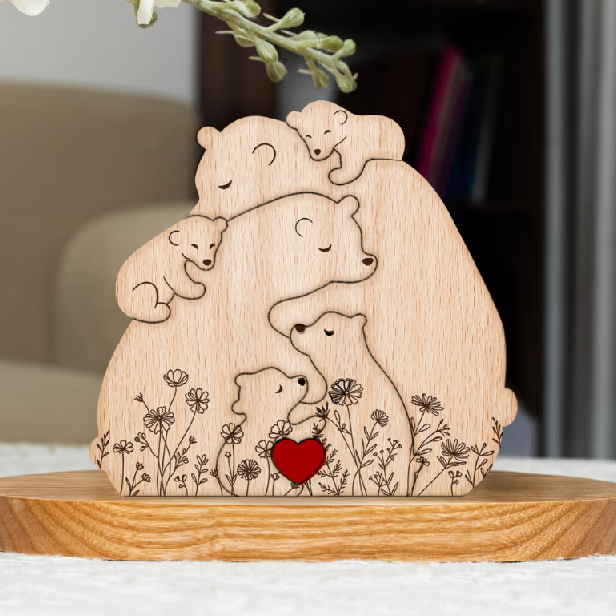 Rodinka objímajúcich medveďov - kvetinová verzia - personalizované drevené puzzle s rodinou medveďov
