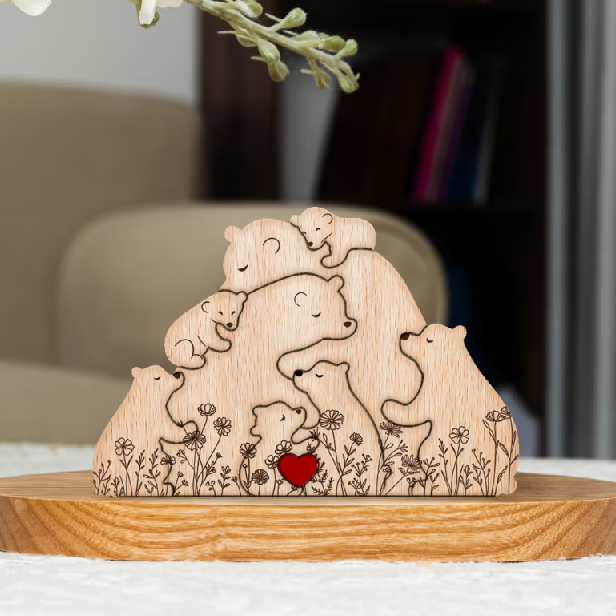 Rodinka objímajúcich medveďov - kvetinová verzia - personalizované drevené puzzle s rodinou medveďov