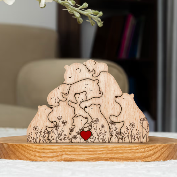Rodinka objímajúcich medveďov - kvetinová verzia - personalizované drevené puzzle s rodinou medveďov