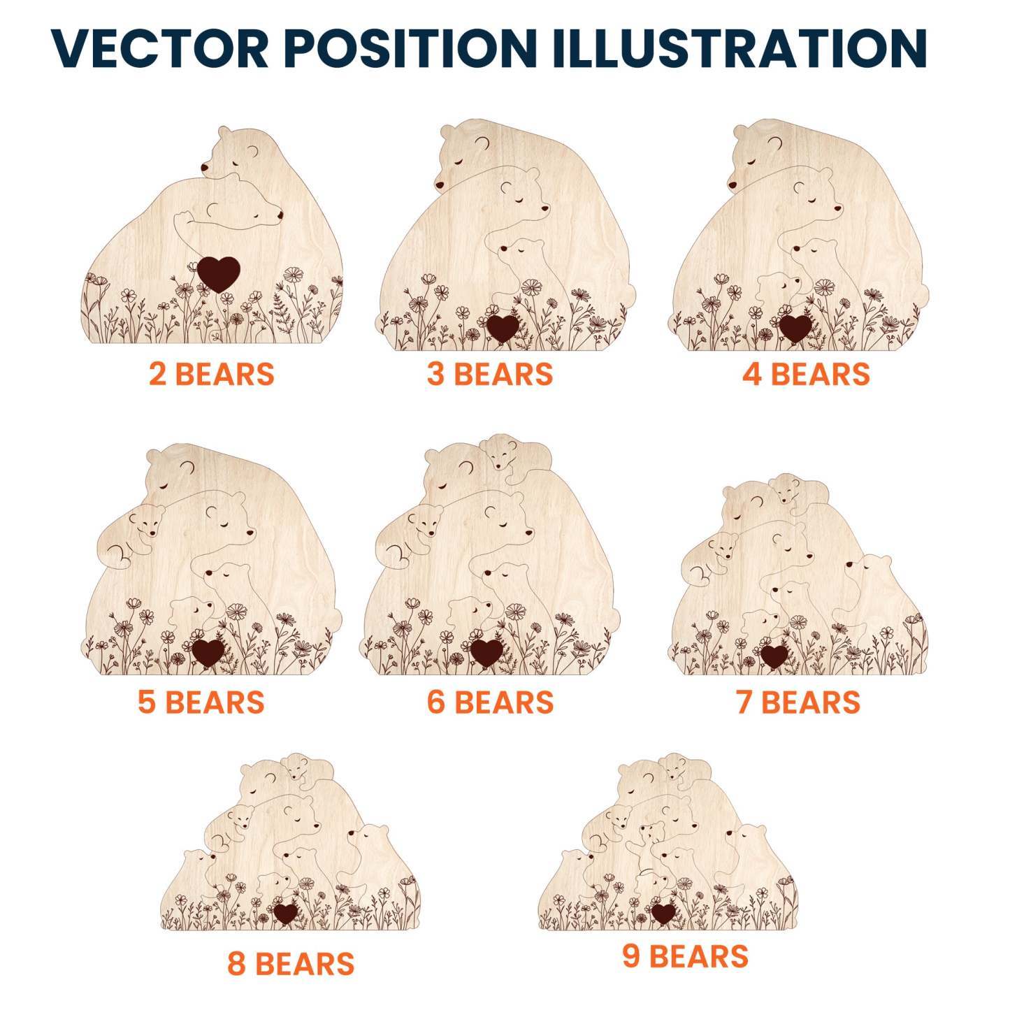 Rodinka objímajúcich medveďov - kvetinová verzia - personalizované drevené puzzle s rodinou medveďov