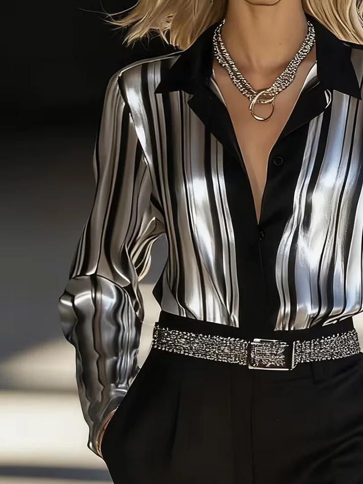 Damska satynowa koszula z długim rękawem i nadrukiem w zebrę