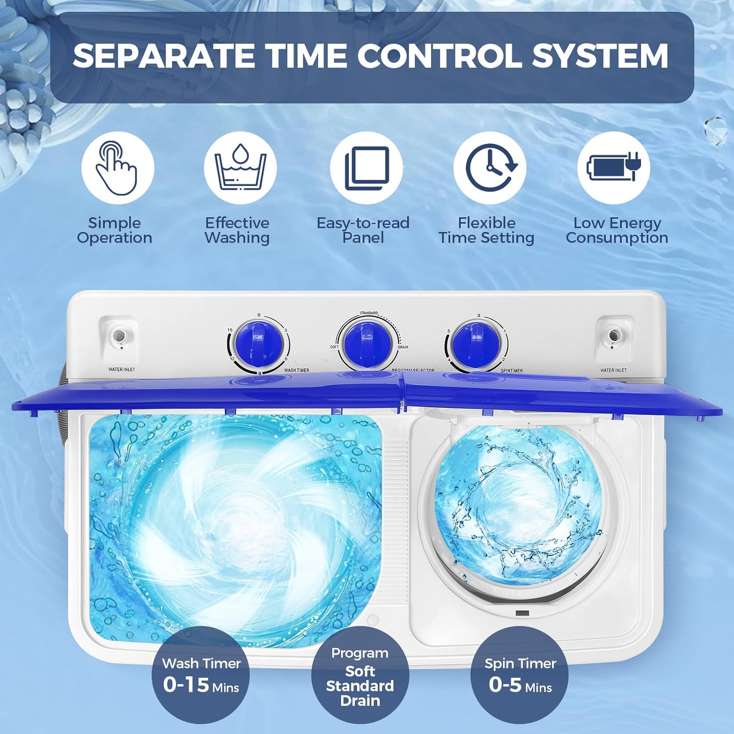 30Lbs Portable Washer Machine, Twin Tub Compact Laundry Machine with Drain Pump, Semi-Automatic 19Lbs Washer and 11Lbs Spinner Combo