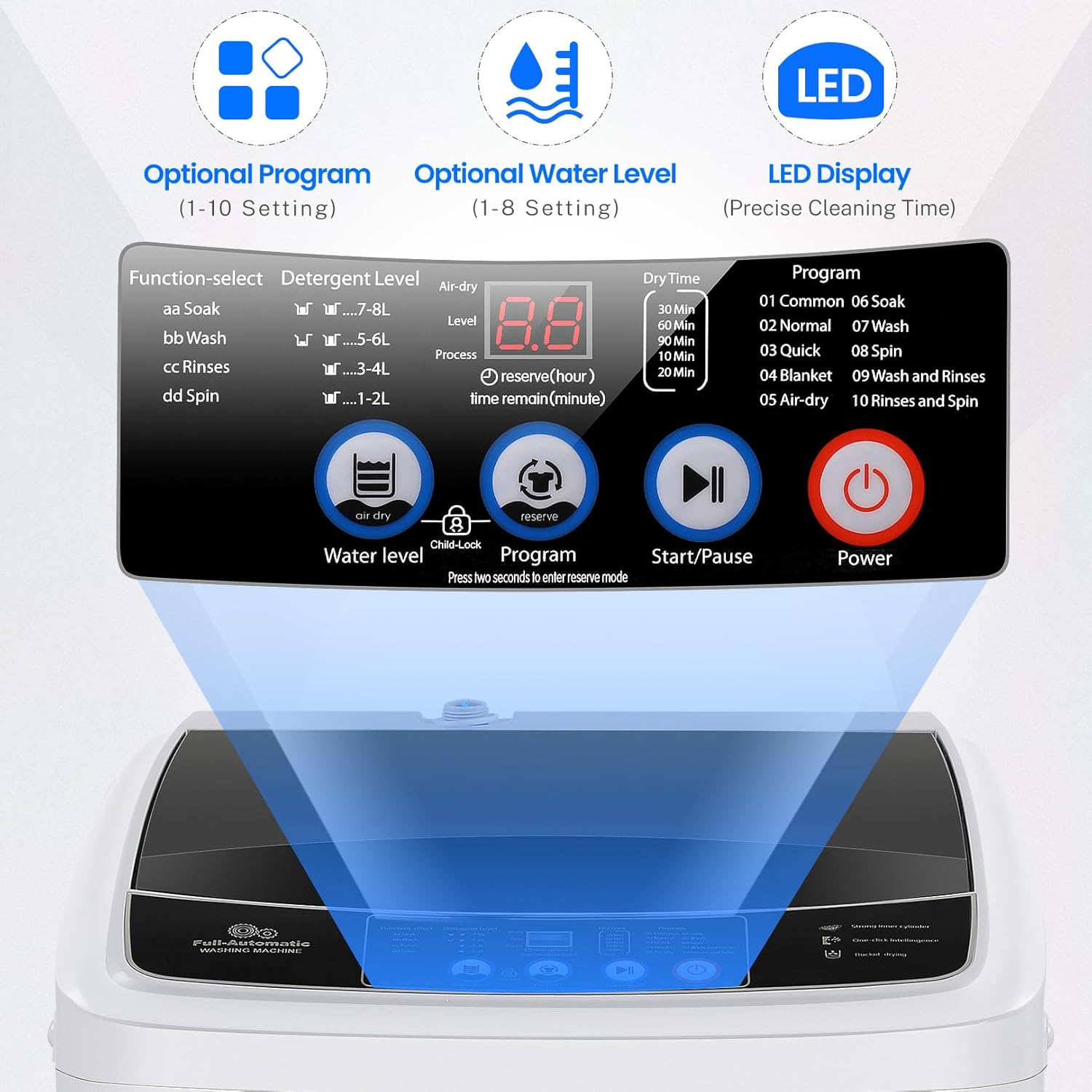 17.8Lbs Full Automatic Portable Washer with 10 Programs & 8 Water Levels, 2.4 Cu.ft Compact Washer Machine with Drain Pump
