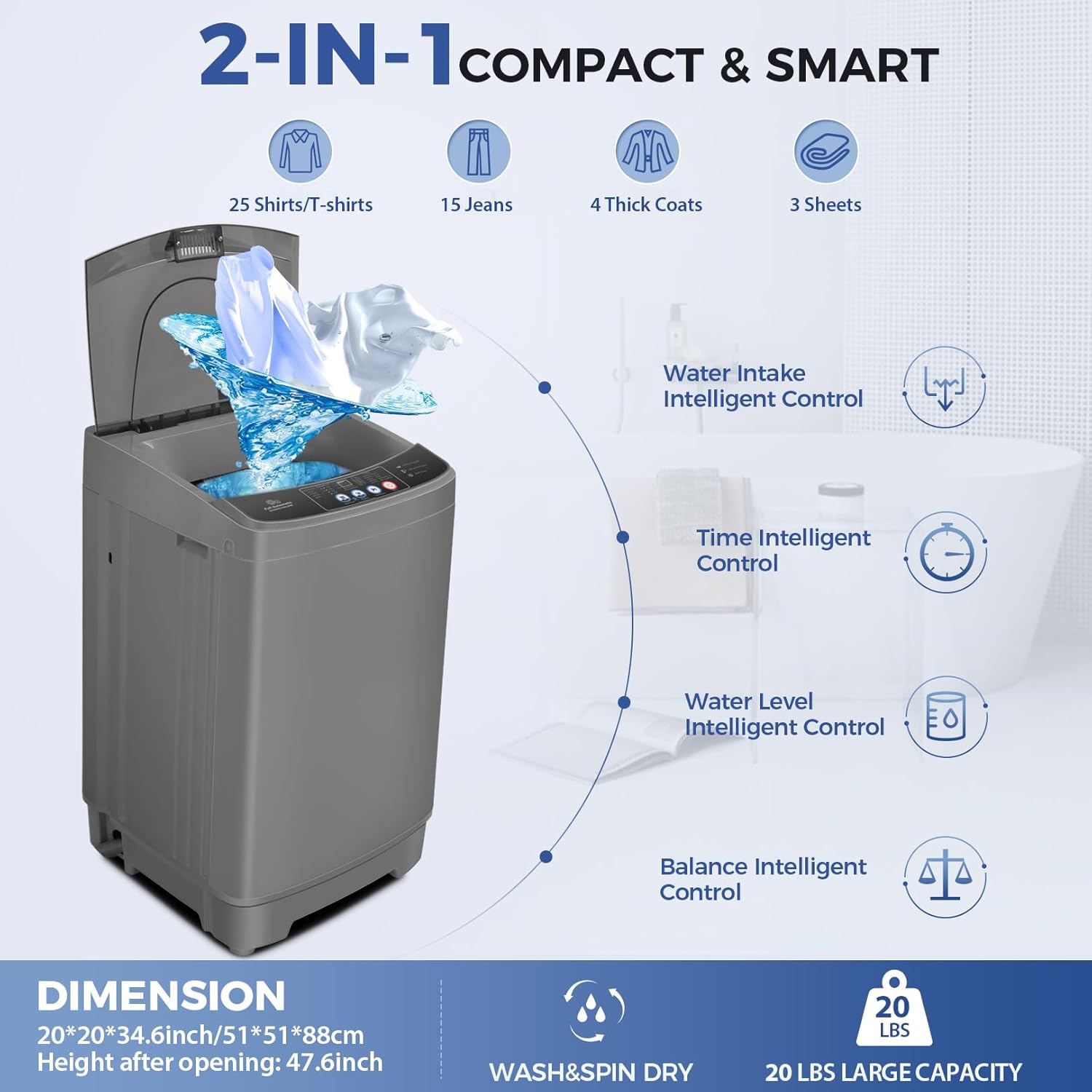 20Lbs Capacity Full-Automatic Portable Washer, 2.8Cu.ft Washer and Dryer Combo with Drain Pump, LED Display, 10 Programs & 8 Water Levels