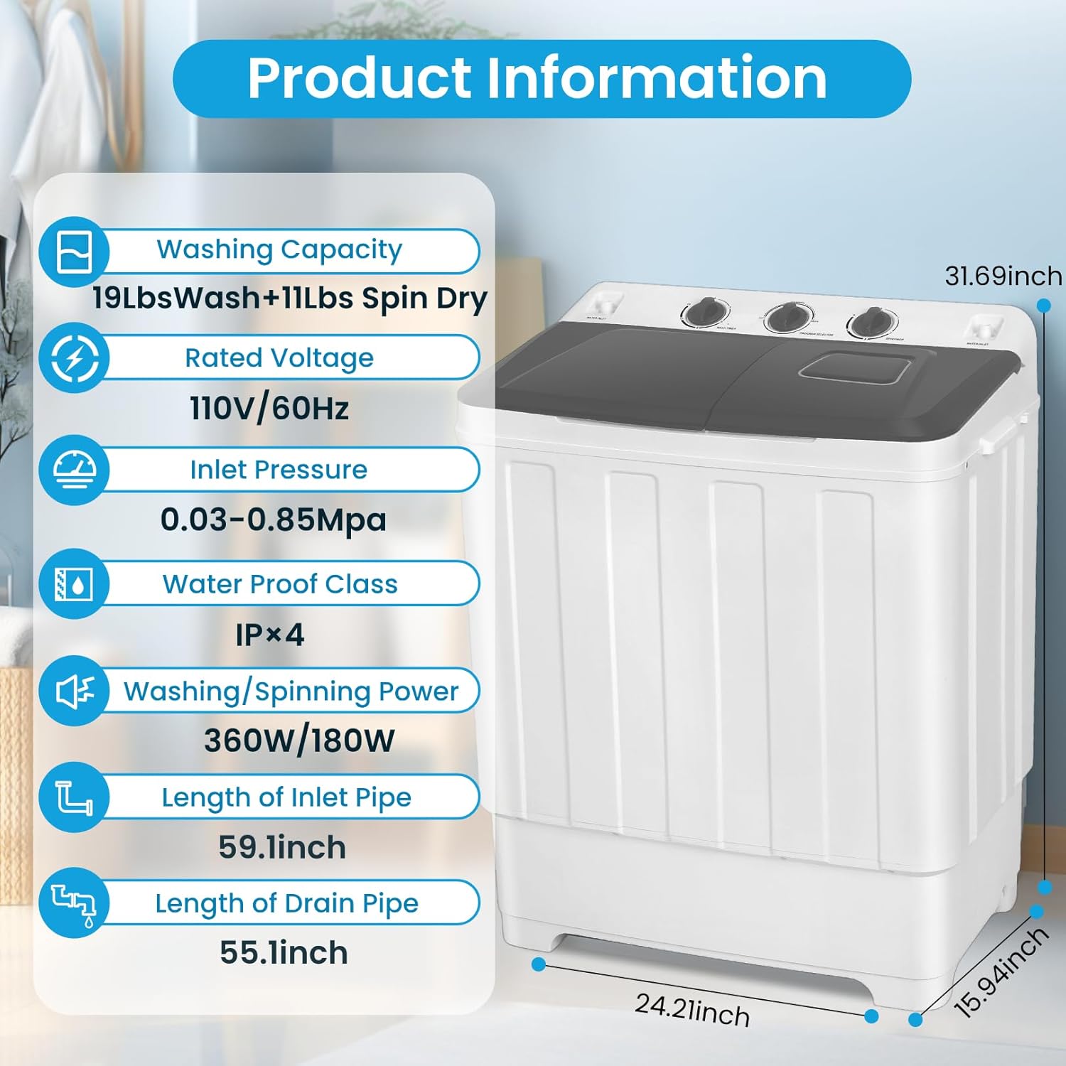 30Lbs Capacity Washer and Dryer Combo 2 In 1 Compact Twin Tub Laundry Washer (19Lbs) & Spinner (11Lbs) with Drain Pump