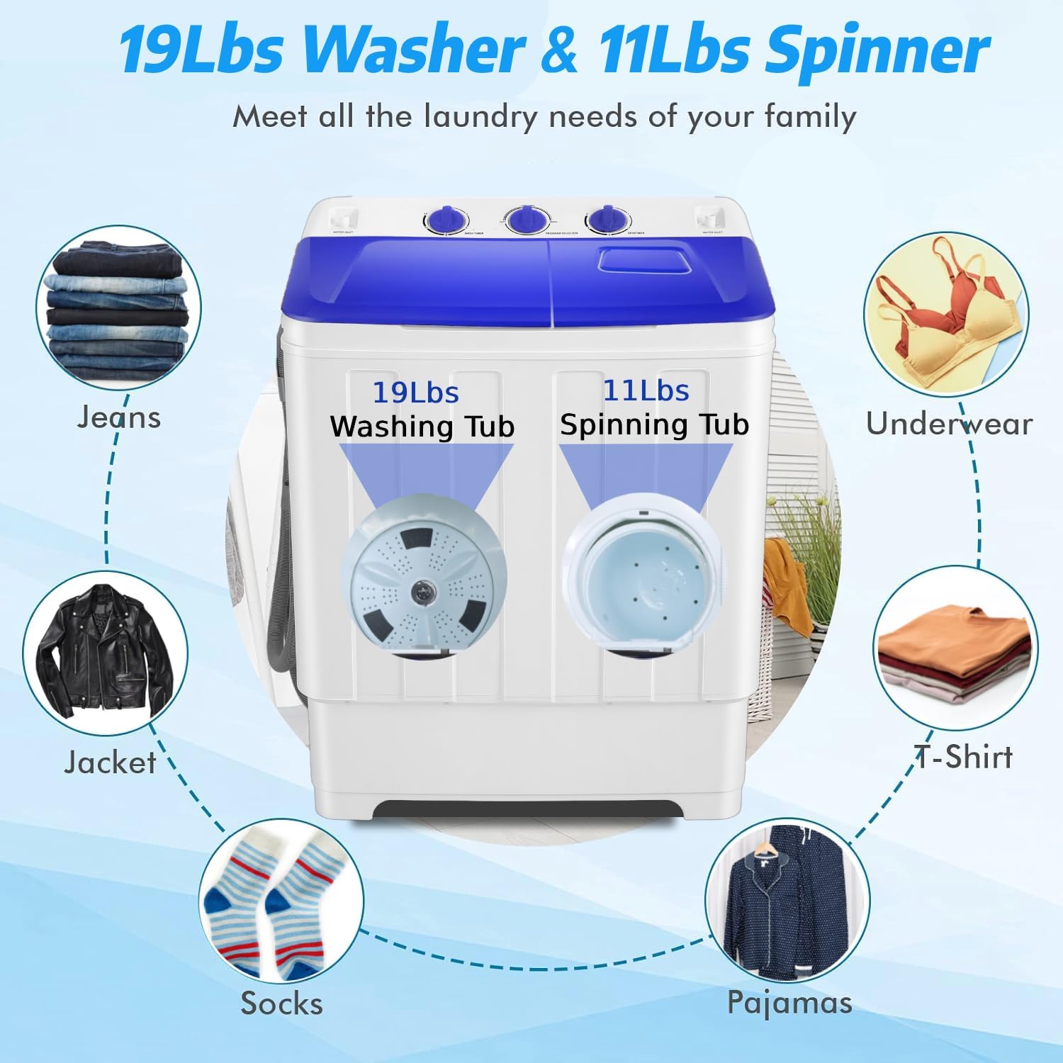 Portable Washing Machine 30Lbs Capacity Washer and Dryer Combo 2 In 1 Compact Twin Tub Laundry Washer (19Lbs) & Spinner (11Lbs) with Drain Pump