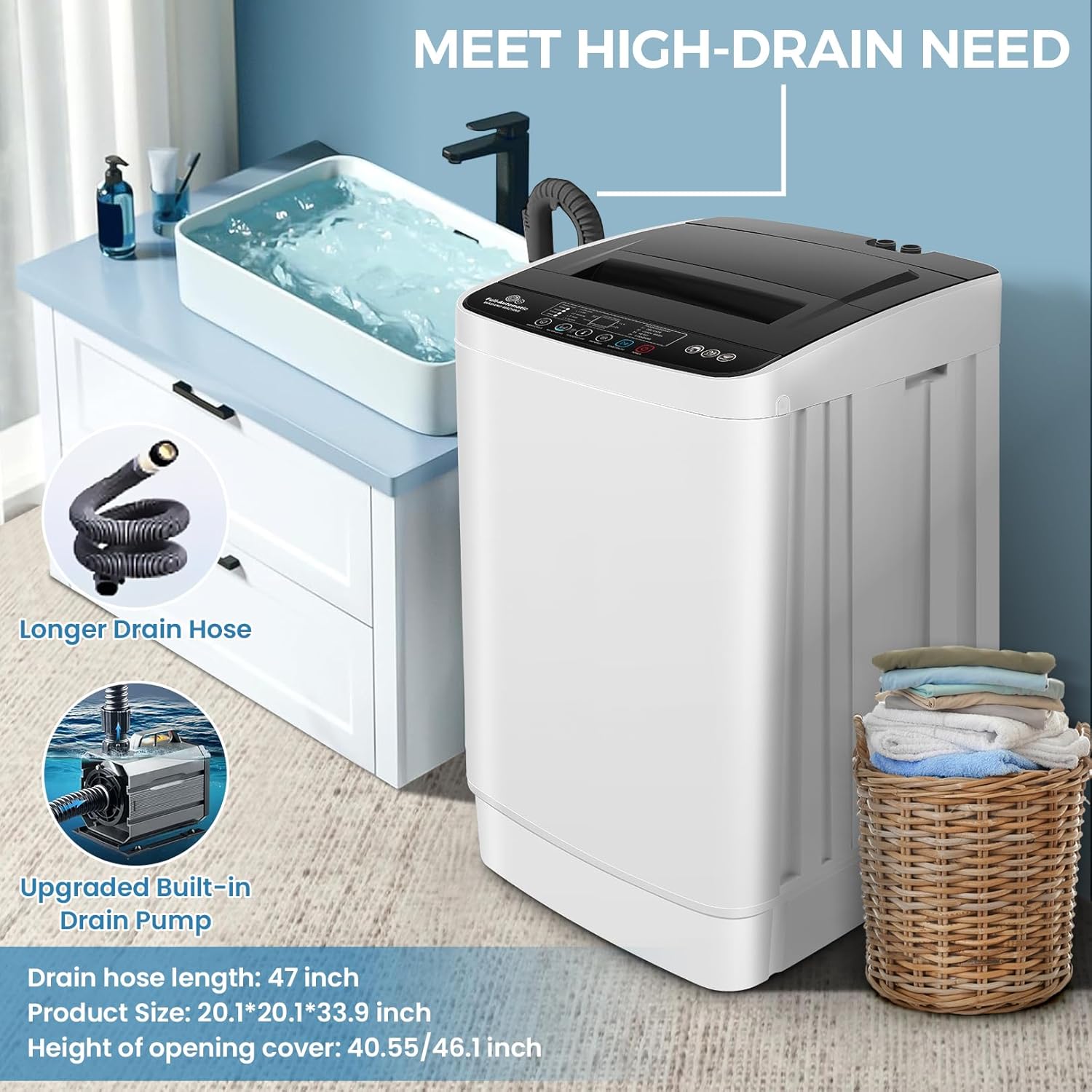 20Lbs Capacity Portable Washer with Drain Pump, 4 Wash Programs 4 Water Levels 3 Water Temperatures, 2.8 Cu.ft Compact Washer Machine