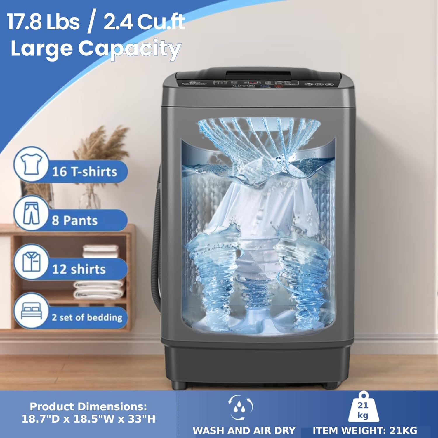 17.8Lbs Portable Washer with Drain Pump, 2.4 Cu.ft Full Automatic Washer and Dryer Combo, 10 Programs 8 Water Levels, LED Display