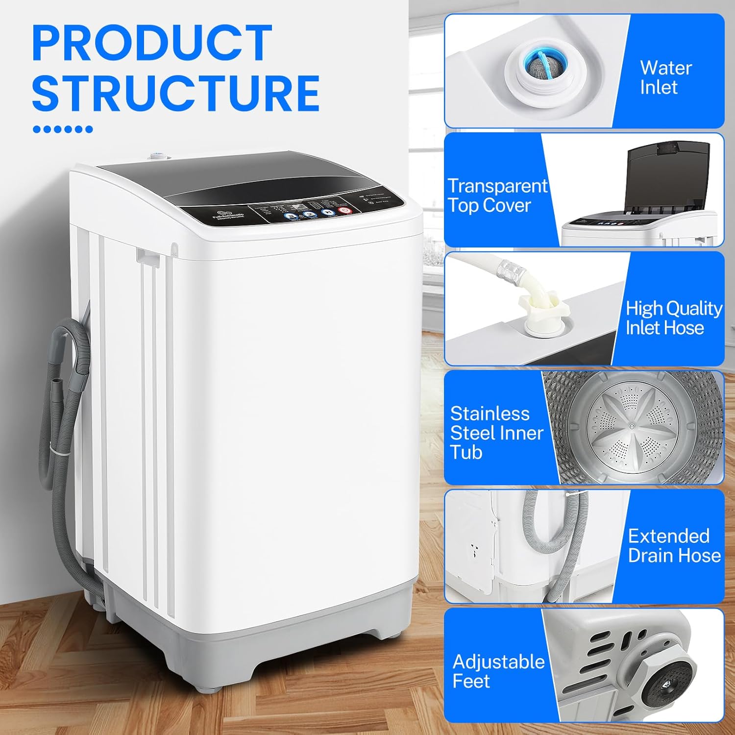 17.8Lbs Full Automatic Portable Washer with 10 Programs & 8 Water Levels, 2.4 Cu.ft Compact Washer Machine with Drain Pump