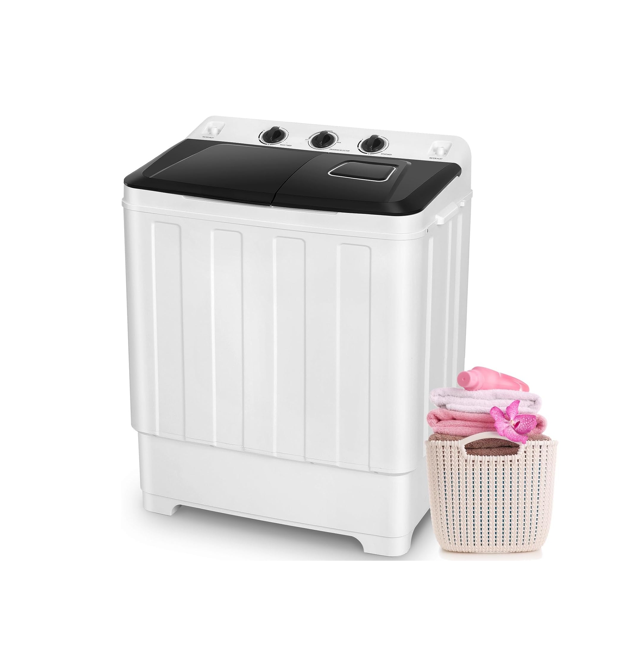30Lbs Capacity Portable Washing Machine Twin Tub Compact Laundry Machine with Built-in Drain Pump, Washer and Spin Dryer Combo (19Lbs+11Lbs)