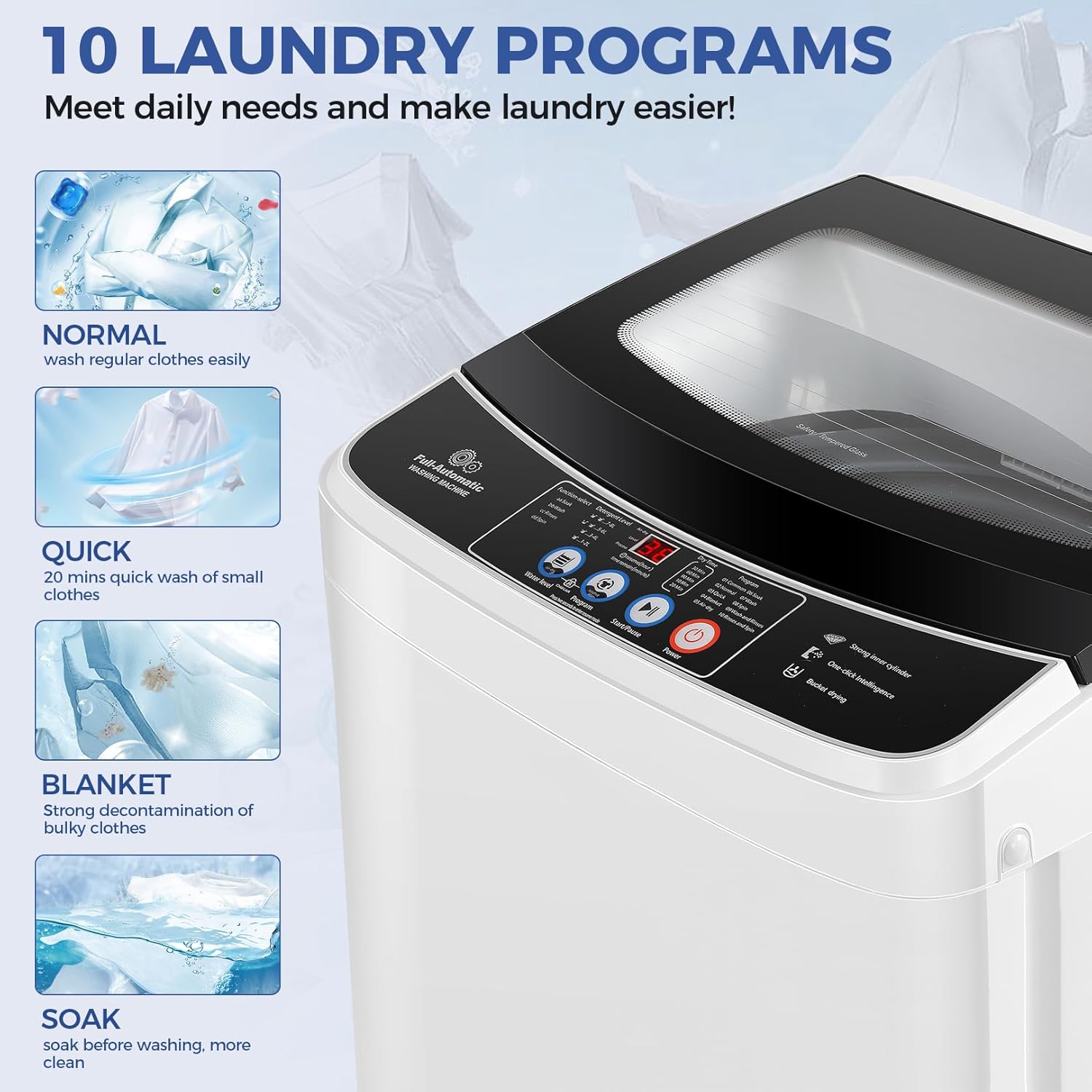 Washer and Dryer Combo with Glass Top Lid, LED Display, 10 Programs & 8 Water Levels for Apartment, Dorms, RV
