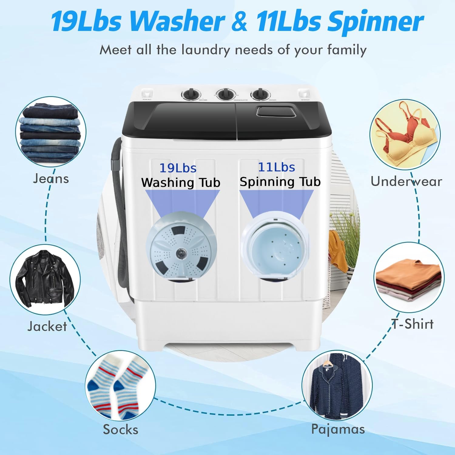 Portable Washing Machine 30Lbs Capacity Washer and Dryer Combo 2 In 1 Compact Twin Tub Laundry Washer (19Lbs) & Spinner (11Lbs) with Built-in Drain Pump, Time Control