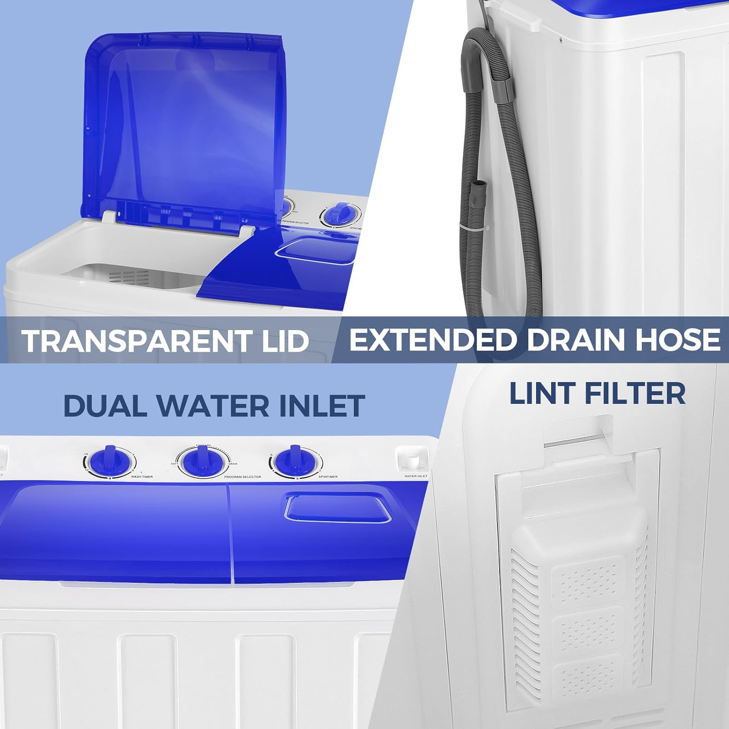 30Lbs Portable Washer Machine, Twin Tub Compact Laundry Machine with Drain Pump, Semi-Automatic 19Lbs Washer and 11Lbs Spinner Combo