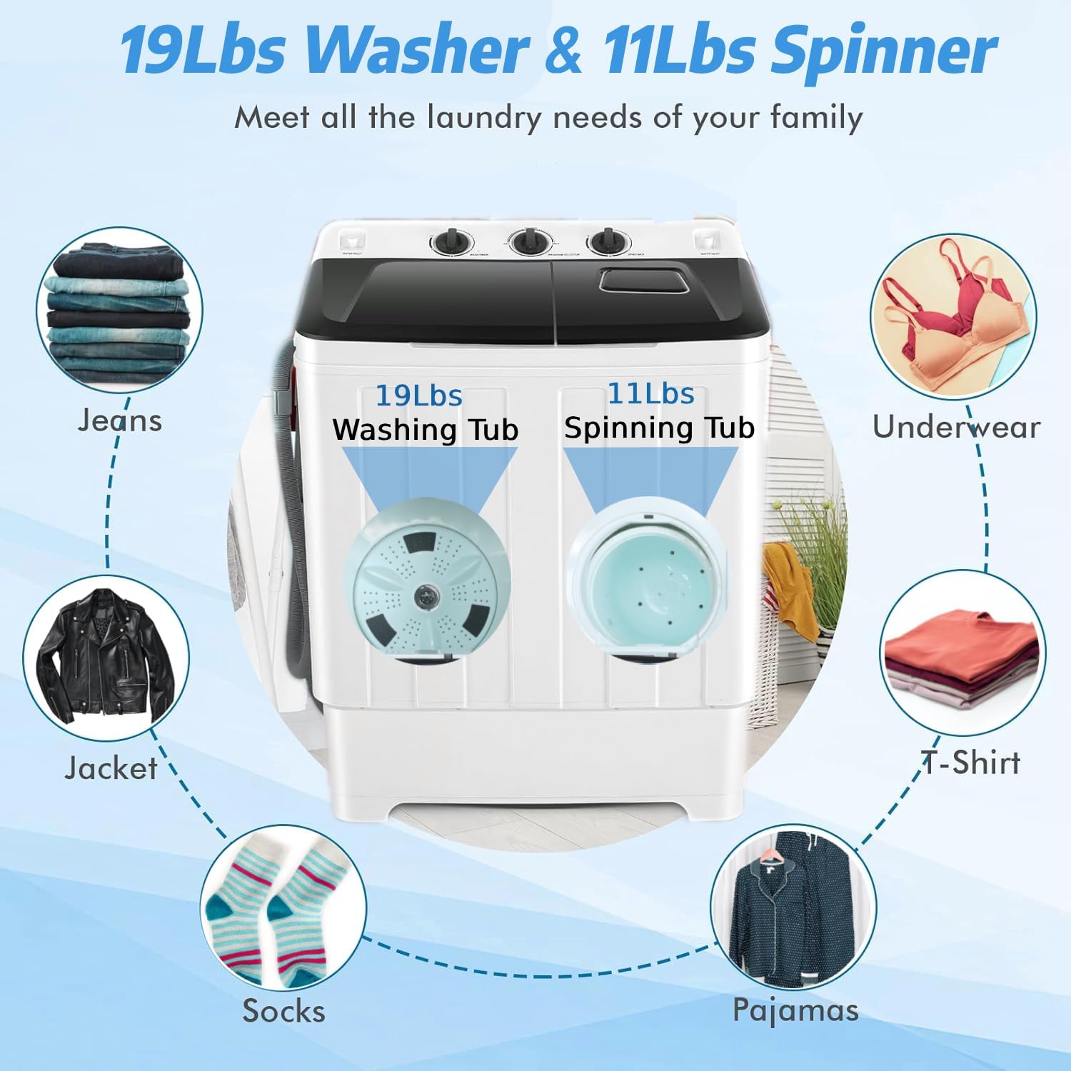 Portable 30Lbs Twin Tub Washing Machine Washer and Dryer Combo, Compact Laundry Machine with Drain Pump, Time Control, Semi-Automatic 19Lbs Washer and 11Lbs Spinner