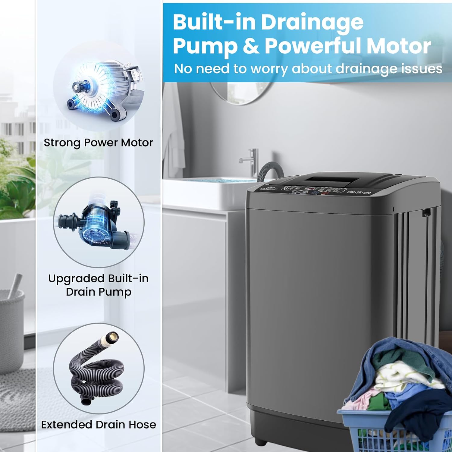 17.8Lbs Portable Washer with Drain Pump, 2.4 Cu.ft Full Automatic Washer and Dryer Combo, 10 Programs 8 Water Levels, LED Display