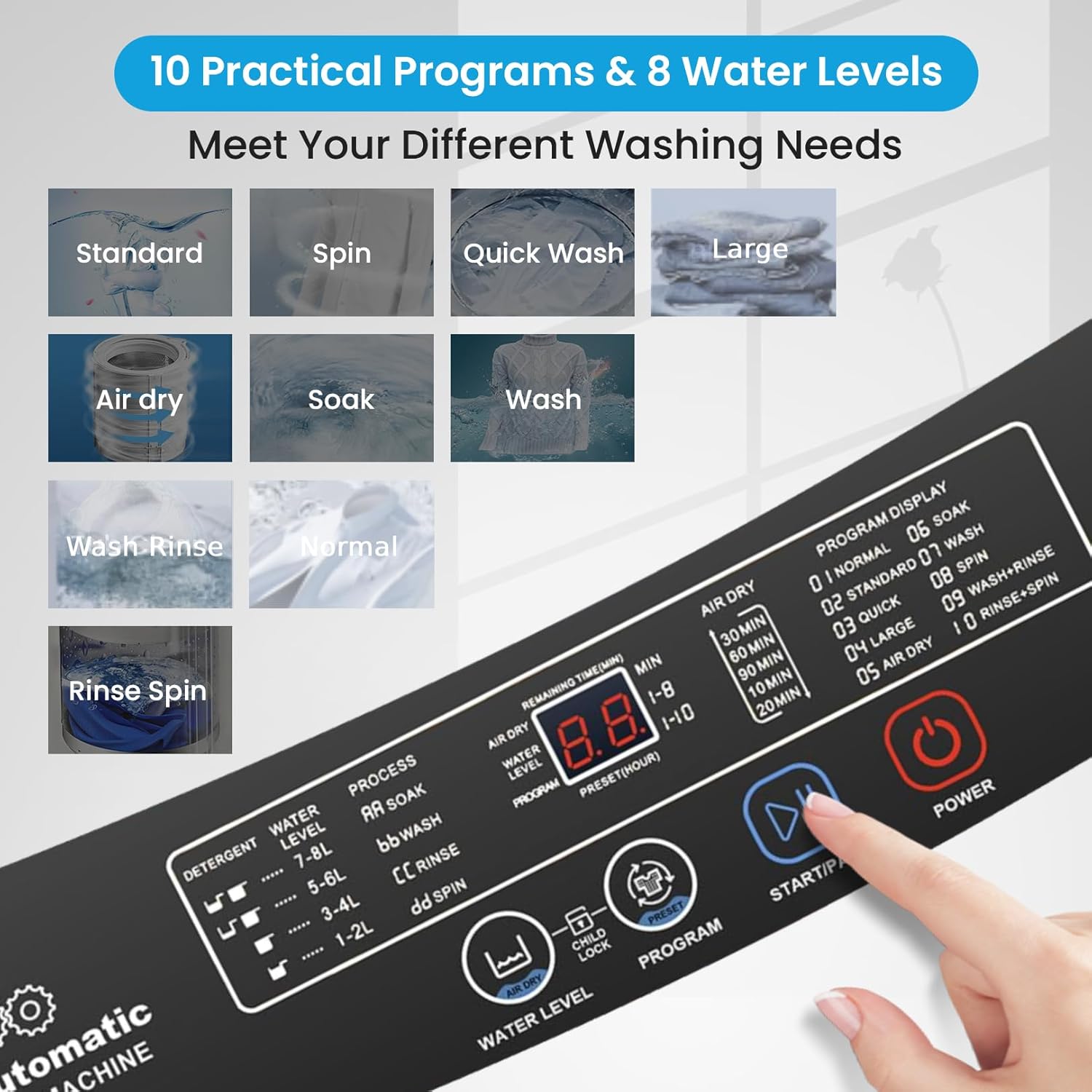 17.8Lbs Portable Washer with Drain Pump, 2.4 Cu.ft Full Automatic Washer and Dryer Combo, 10 Programs 8 Water Levels, LED Display