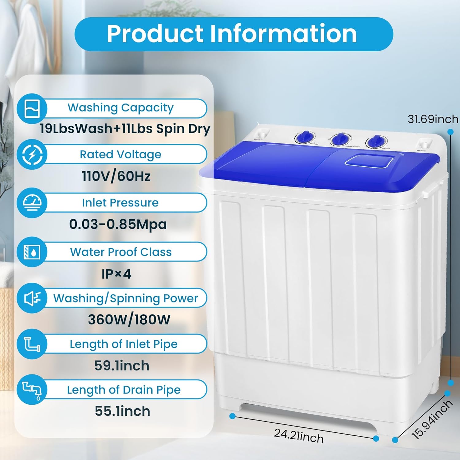 Portable Washing Machine 30Lbs Capacity Washer and Dryer Combo 2 In 1 Compact Twin Tub Laundry Washer (19Lbs) & Spinner (11Lbs) with Drain Pump