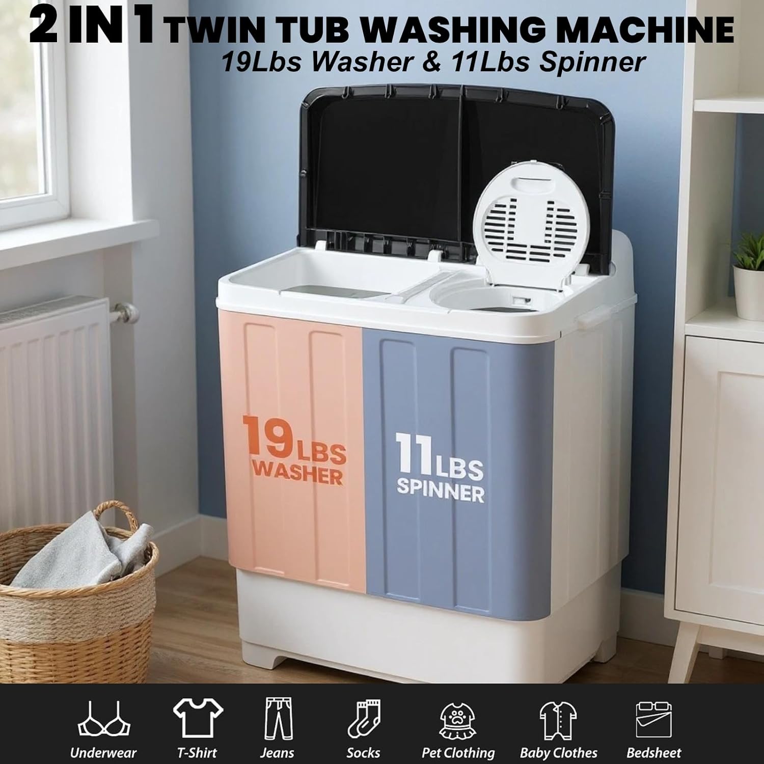 Portable 30Lbs Twin Tub Washing Machine Washer and Dryer Combo, Compact Laundry Machine with Drain Pump, Time Control, Semi-Automatic 19Lbs Washer and 11Lbs Spinner
