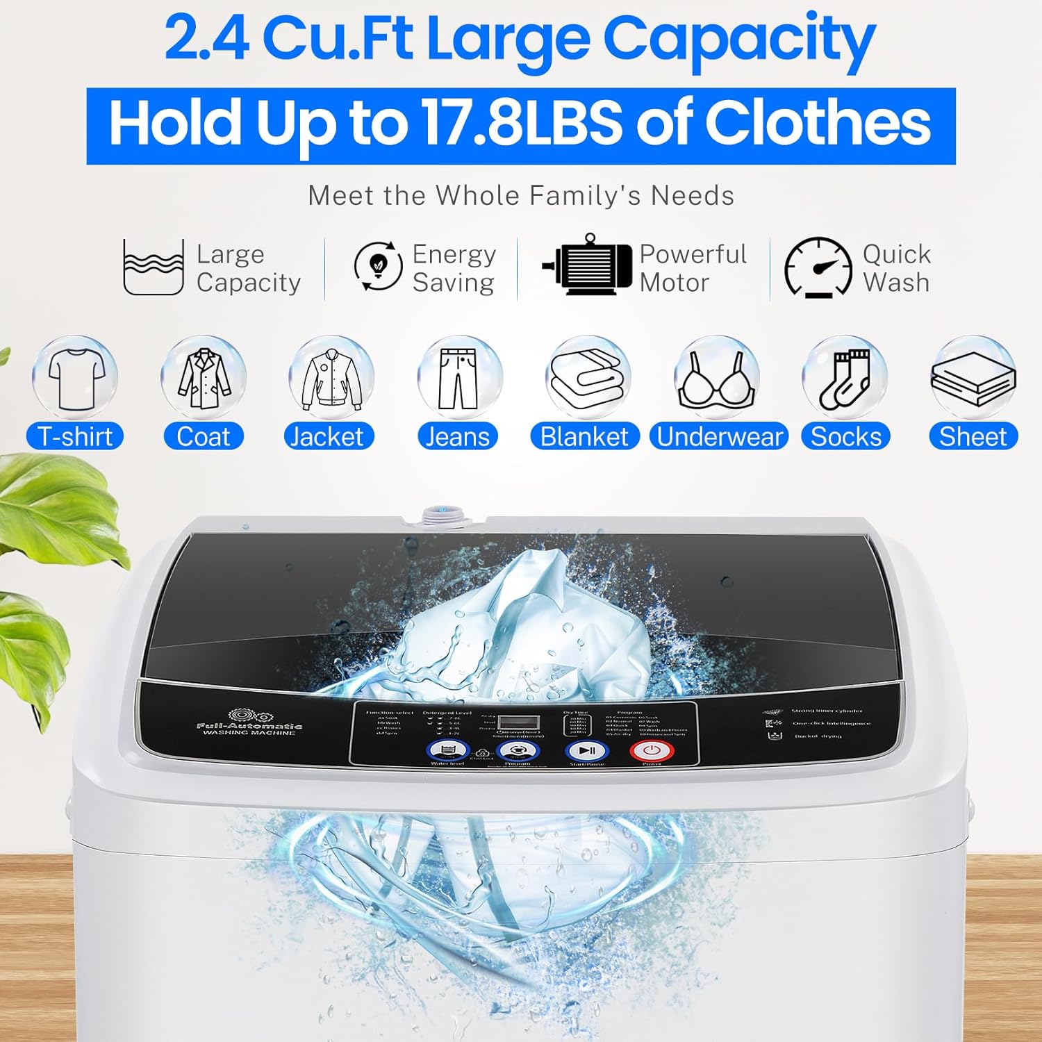17.8Lbs Full Automatic Portable Washer with 10 Programs & 8 Water Levels, 2.4 Cu.ft Compact Washer Machine with Drain Pump