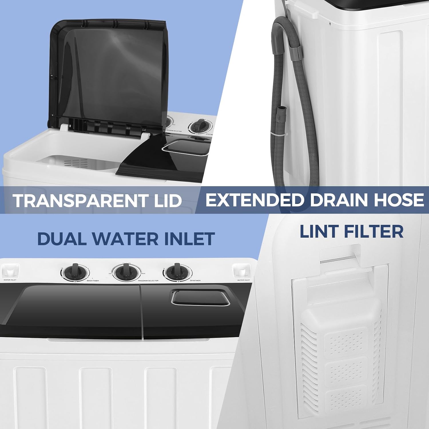 Portable Washing Machine, 30Lbs Compact Washing Machine, Twin Tub Laundry Washer Machine with Drain Pump, Semi-Automatic 19Lbs Washer and 11Lbs Spinner Combo