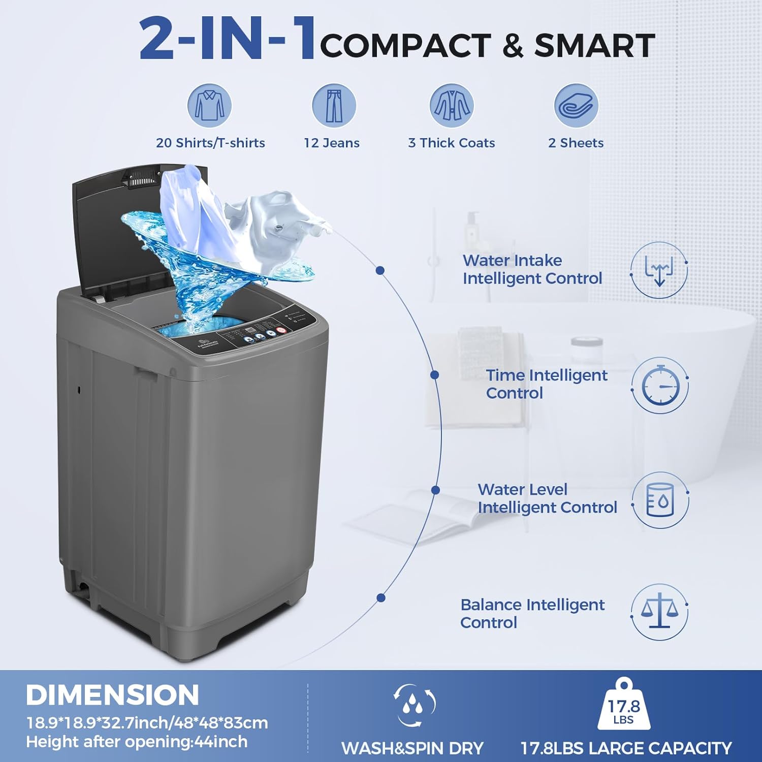 17.8Lbs Portable Washer Machine, 2.4Cu.ft Compact Laundry Washer and Dryer Combo with Drain Pump, 10 Wash Programs 8 Water Levels