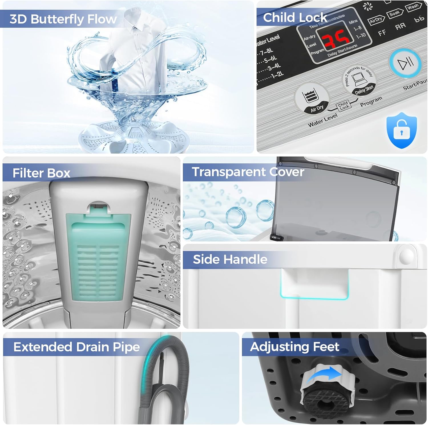 20Lbs Capacity Full-Automatic Portable Washer, 2.8Cu.ft Washer and Dryer Combo with Drain Pump, LED Display, 10 Programs & 8 Water Levels