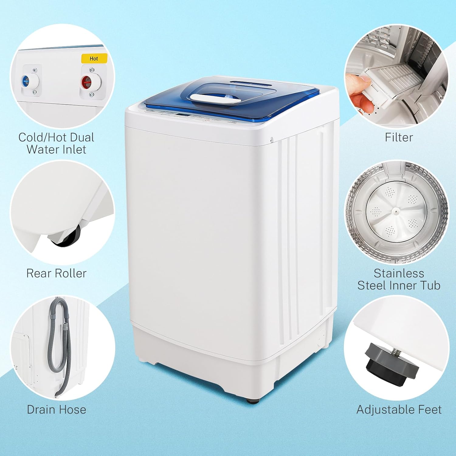 17.8Lbs Capacity Full Automatic Portable Washer, 2.3 Cu.ft Portable Washer Dryer Combo with 8 Cycles, LED Display