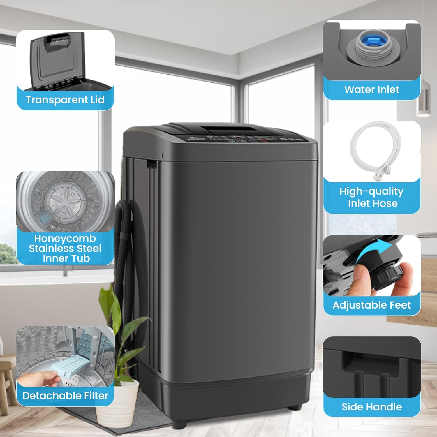 17.8Lbs Portable Washer with Drain Pump, 2.4 Cu.ft Full Automatic Washer and Dryer Combo, 10 Programs 8 Water Levels, LED Display