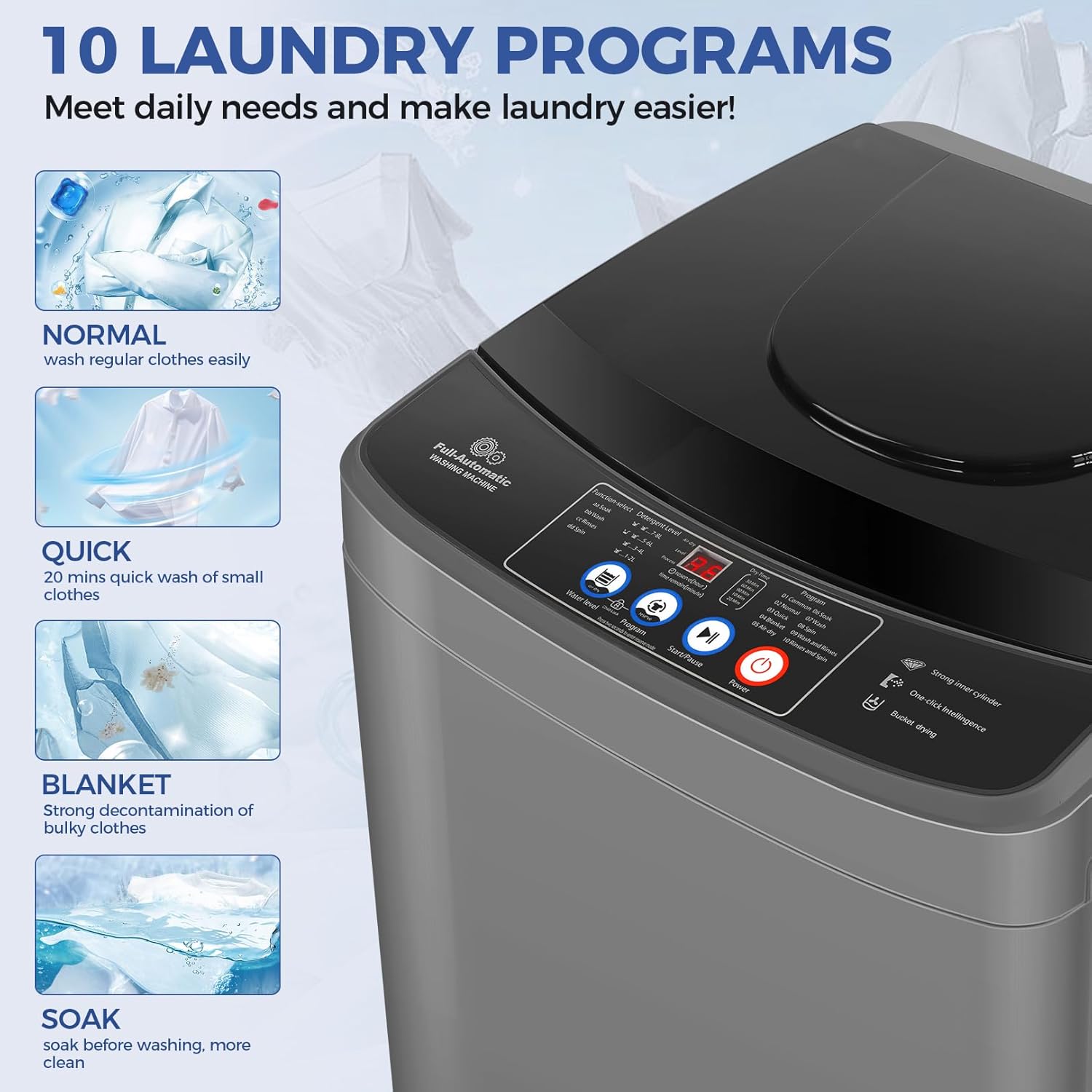 20Lbs Capacity Portable Washer Machine, 2.8Cu.ft Washer and Dryer Combo with 10 Programs 8 Water Levels Compact Washing Machine