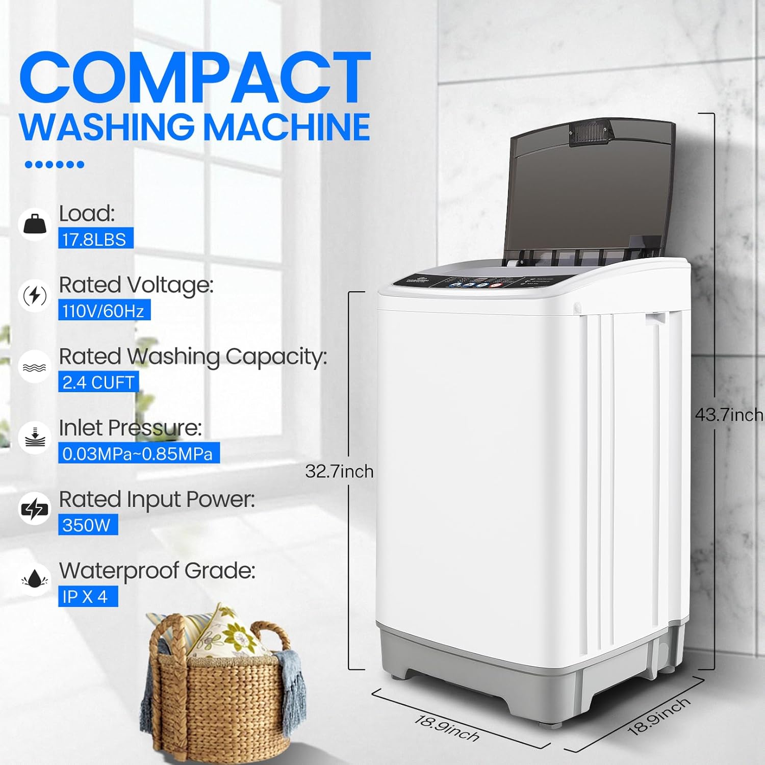 17.8Lbs Full Automatic Portable Washer with 10 Programs & 8 Water Levels, 2.4 Cu.ft Compact Washer Machine with Drain Pump