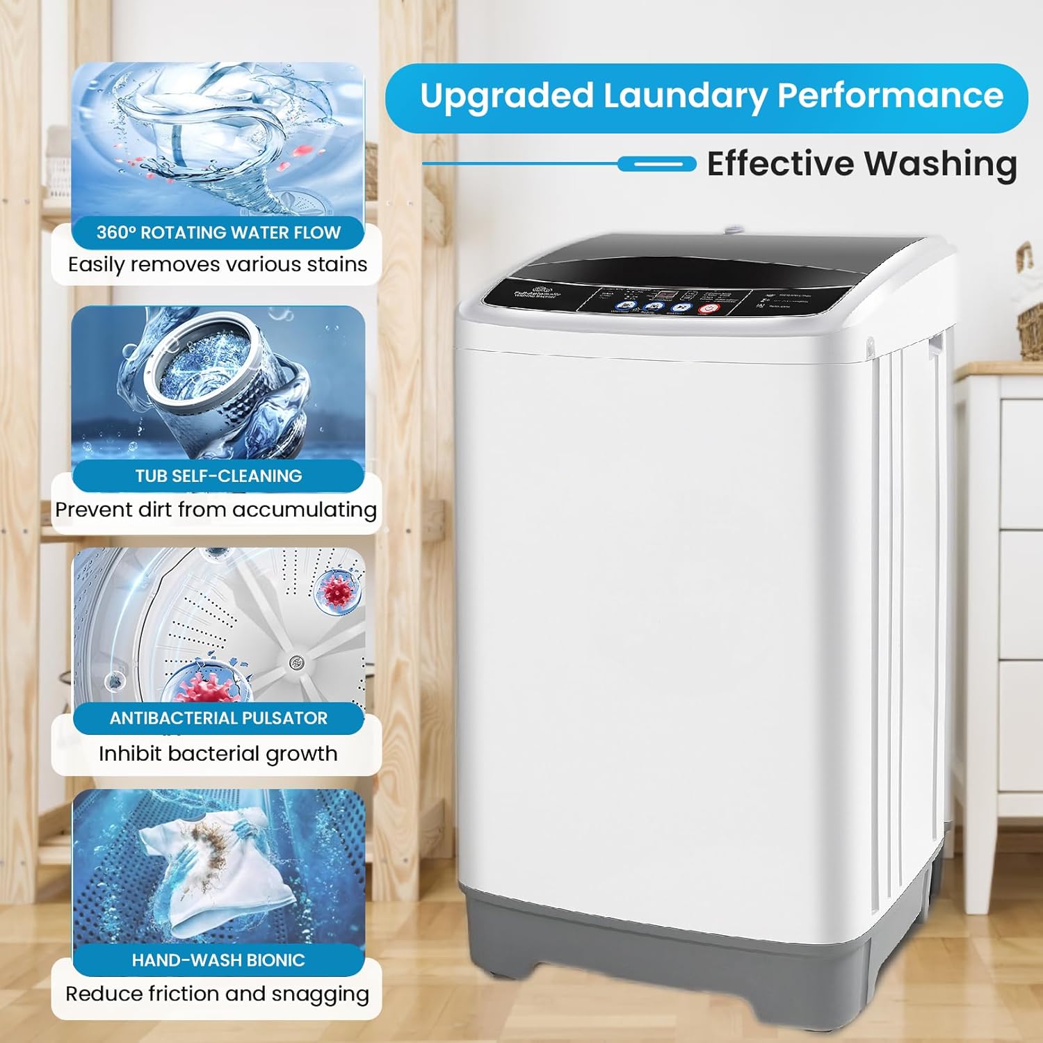 17.8Lbs Full Automatic Portable Washer with 10 Programs & 8 Water Levels, 2.4 Cu.ft Compact Washer Machine with Drain Pump
