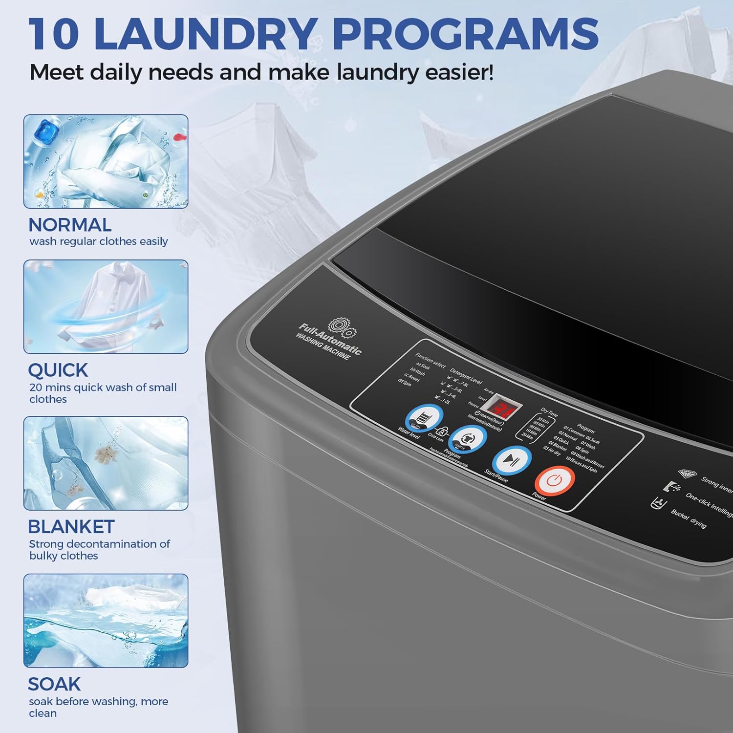 17.8Lbs Portable Washer Machine, 2.4Cu.ft Compact Laundry Washer and Dryer Combo with Drain Pump, 10 Wash Programs 8 Water Levels