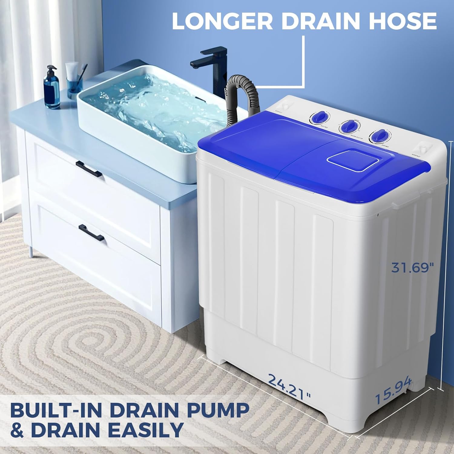 30Lbs Portable Washer Machine, Twin Tub Compact Laundry Machine with Drain Pump, Semi-Automatic 19Lbs Washer and 11Lbs Spinner Combo