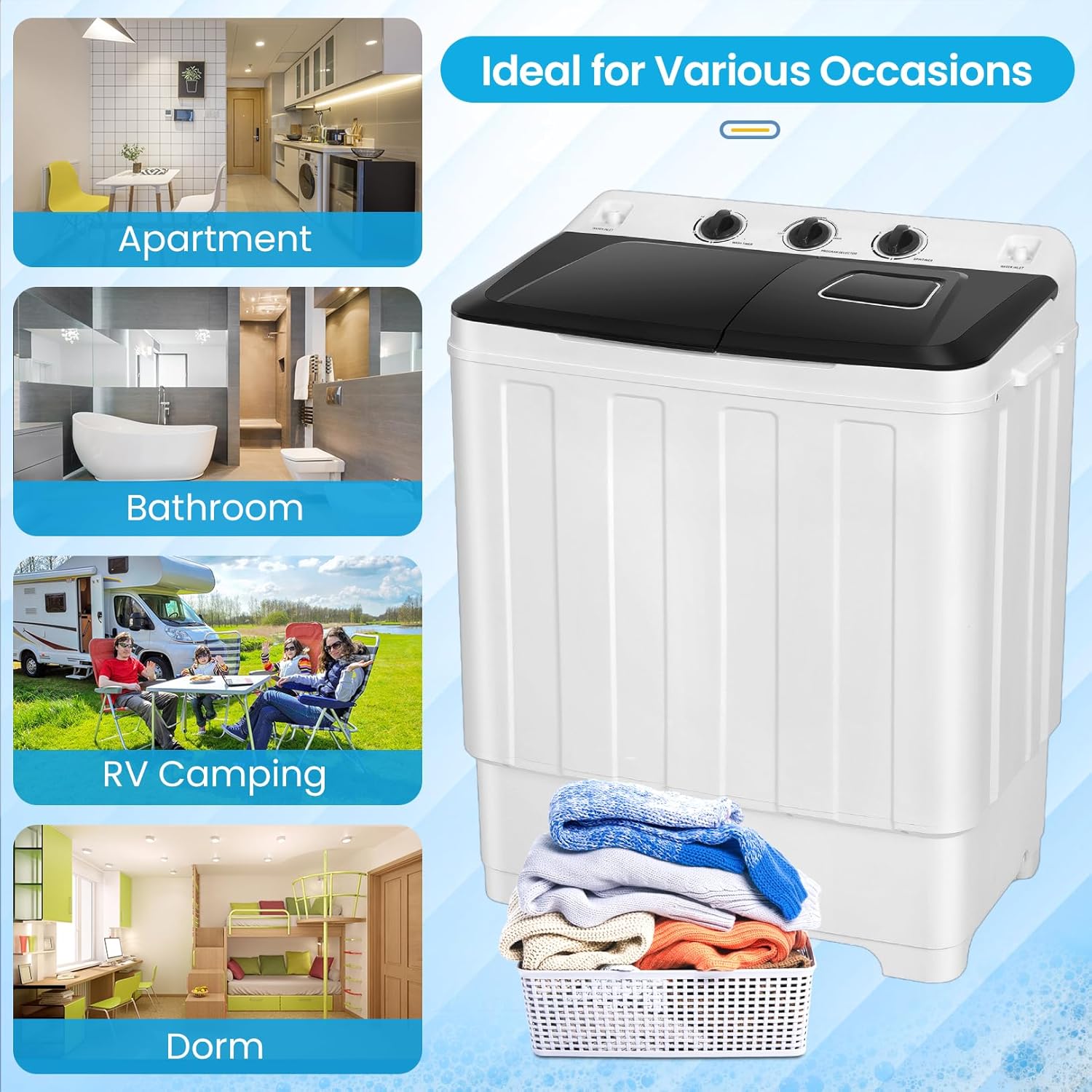 Portable 30Lbs Twin Tub Washing Machine Washer and Dryer Combo, Compact Laundry Machine with Drain Pump, Time Control, Semi-Automatic 19Lbs Washer and 11Lbs Spinner