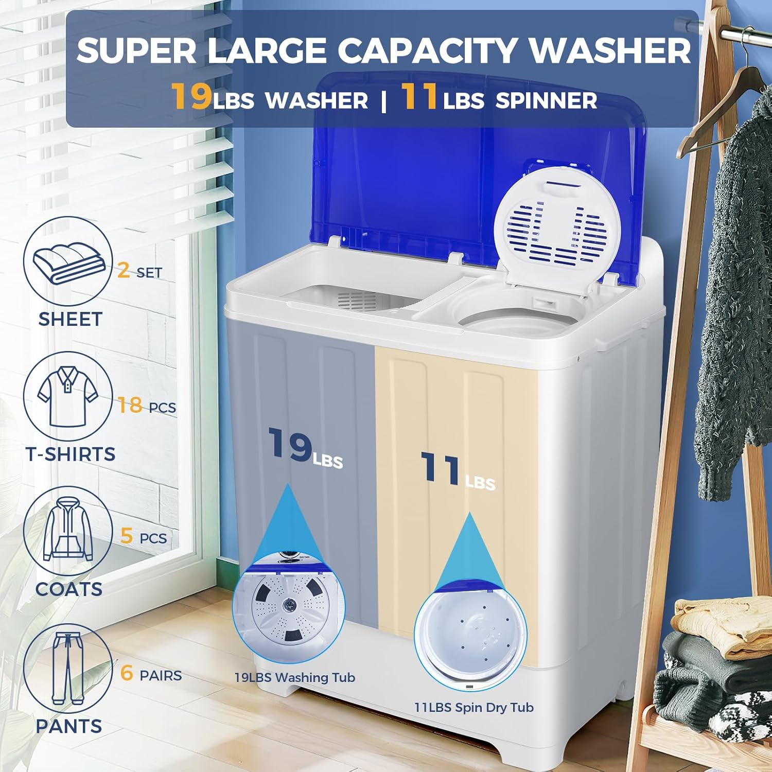 30Lbs Portable Washer Machine, Twin Tub Compact Laundry Machine with Drain Pump, Semi-Automatic 19Lbs Washer and 11Lbs Spinner Combo