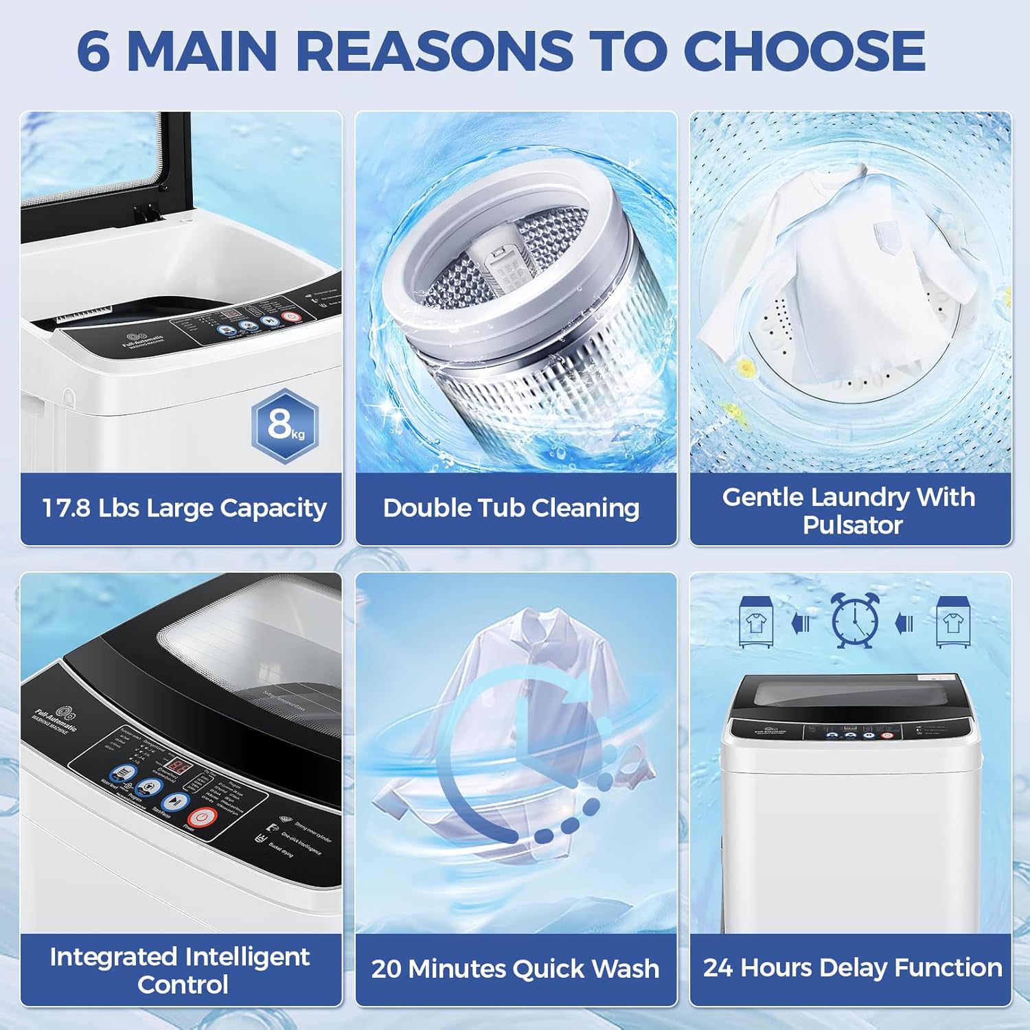 Washer and Dryer Combo with Glass Top Lid, LED Display, 10 Programs & 8 Water Levels for Apartment, Dorms, RV