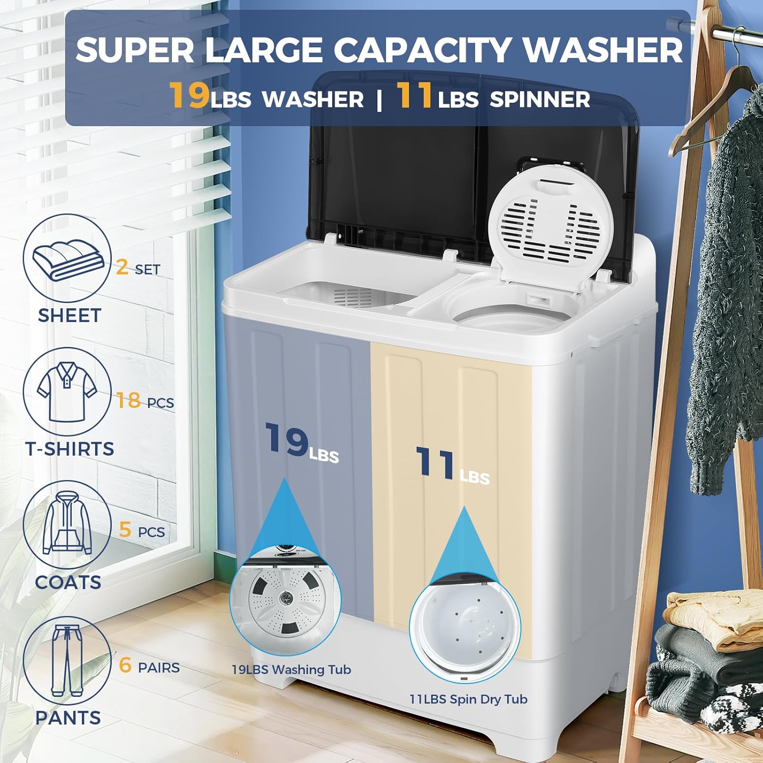 Portable Washing Machine, 30Lbs Compact Washing Machine, Twin Tub Laundry Washer Machine with Drain Pump, Semi-Automatic 19Lbs Washer and 11Lbs Spinner Combo