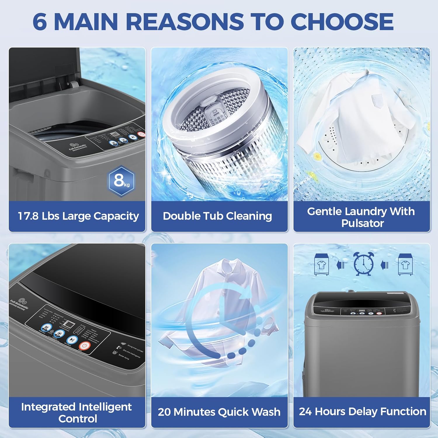 17.8Lbs Portable Washer Machine, 2.4Cu.ft Compact Laundry Washer and Dryer Combo with Drain Pump, 10 Wash Programs 8 Water Levels