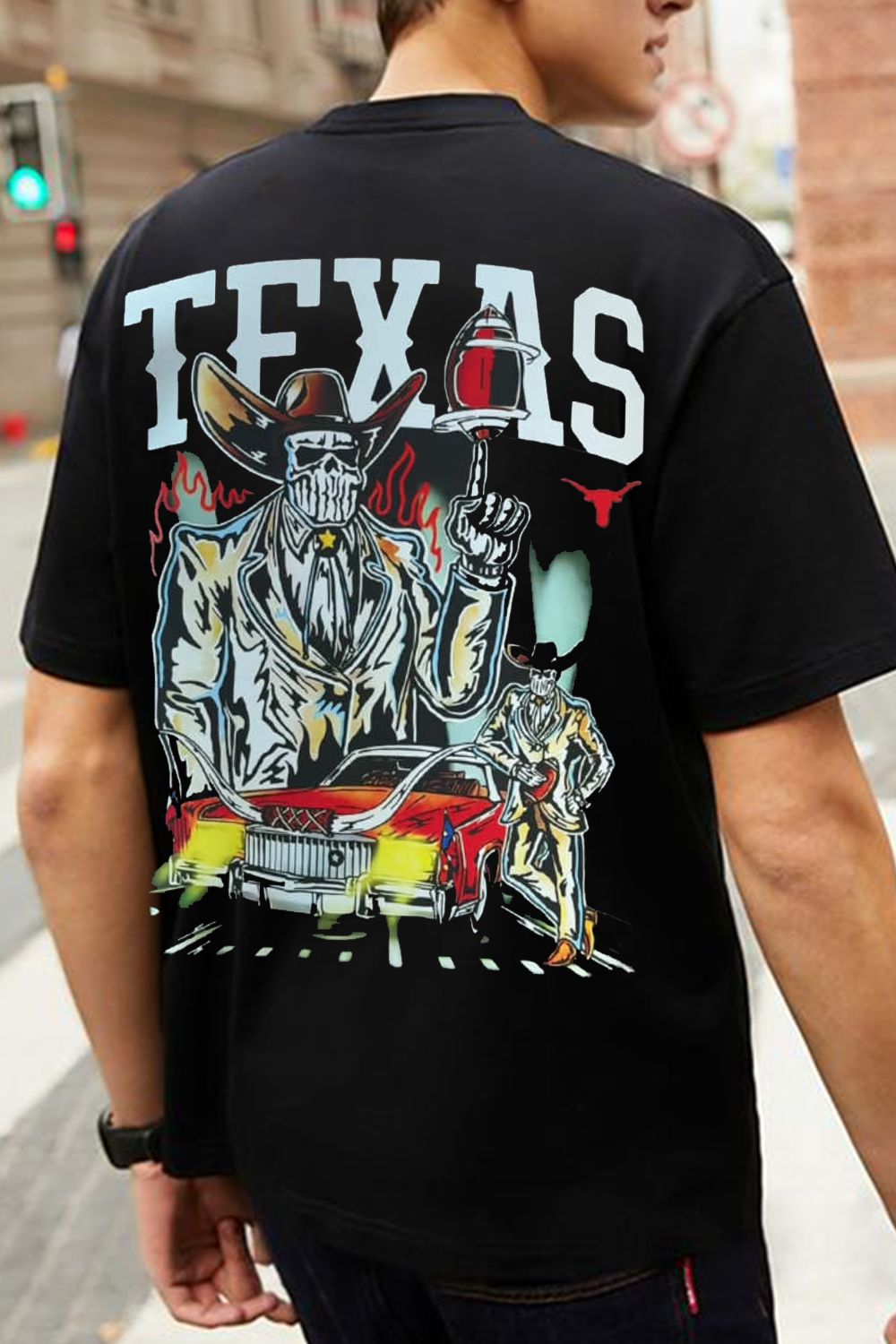 Baseball Skull Casual Back Print Round Neck Short Sleeve T-Shirt