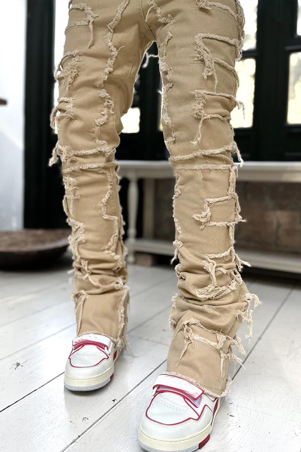 Stretch patch denim straight pants