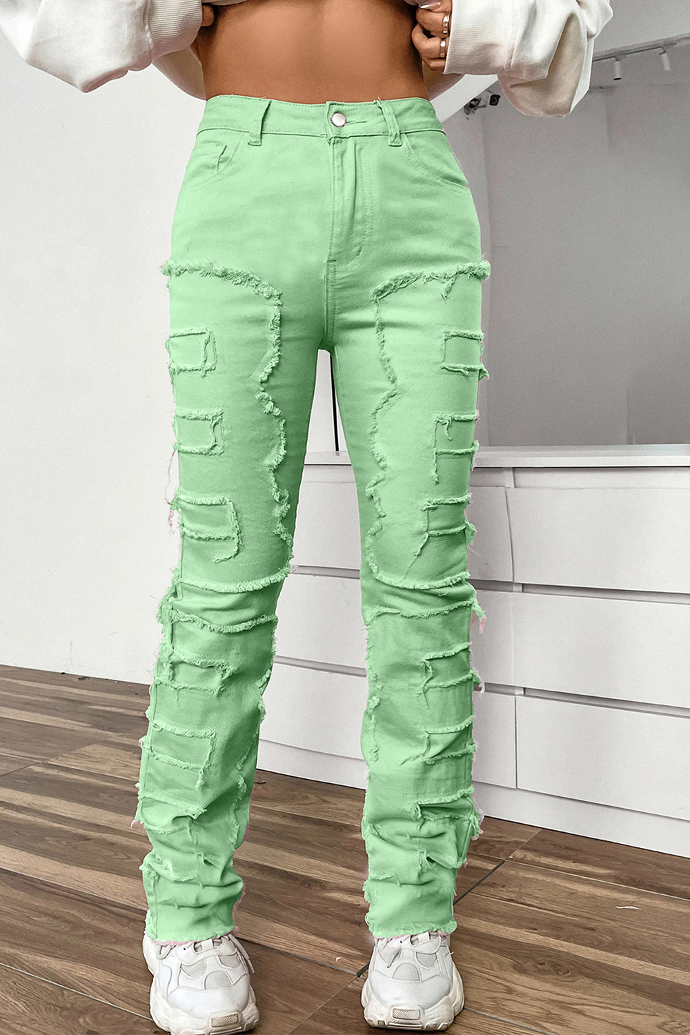 Women's stretch patch denim layered straight jeans