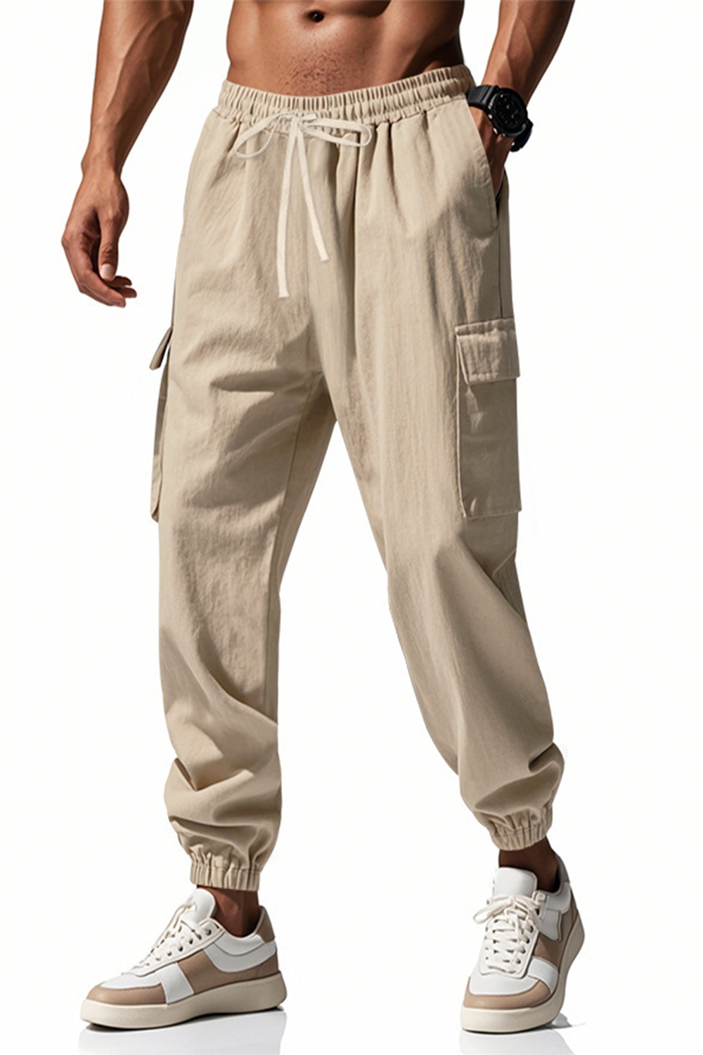 Cotton and linen casual cuffs with multiple pockets work trousers