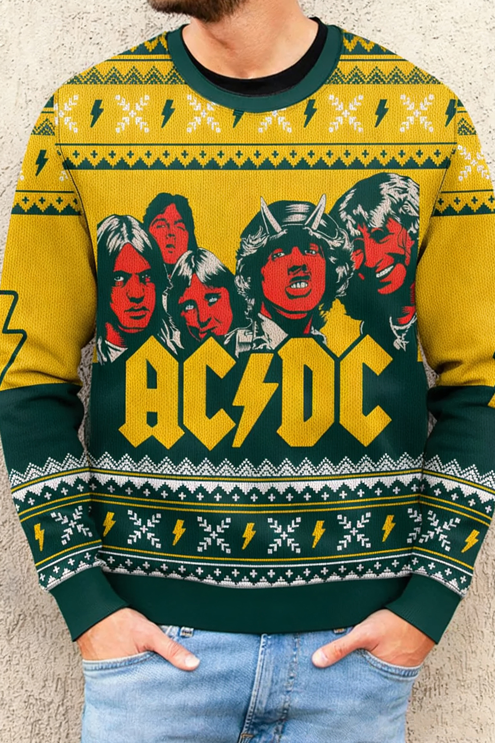 Yellow AC/DC Ugly Christmas Sweatshirt