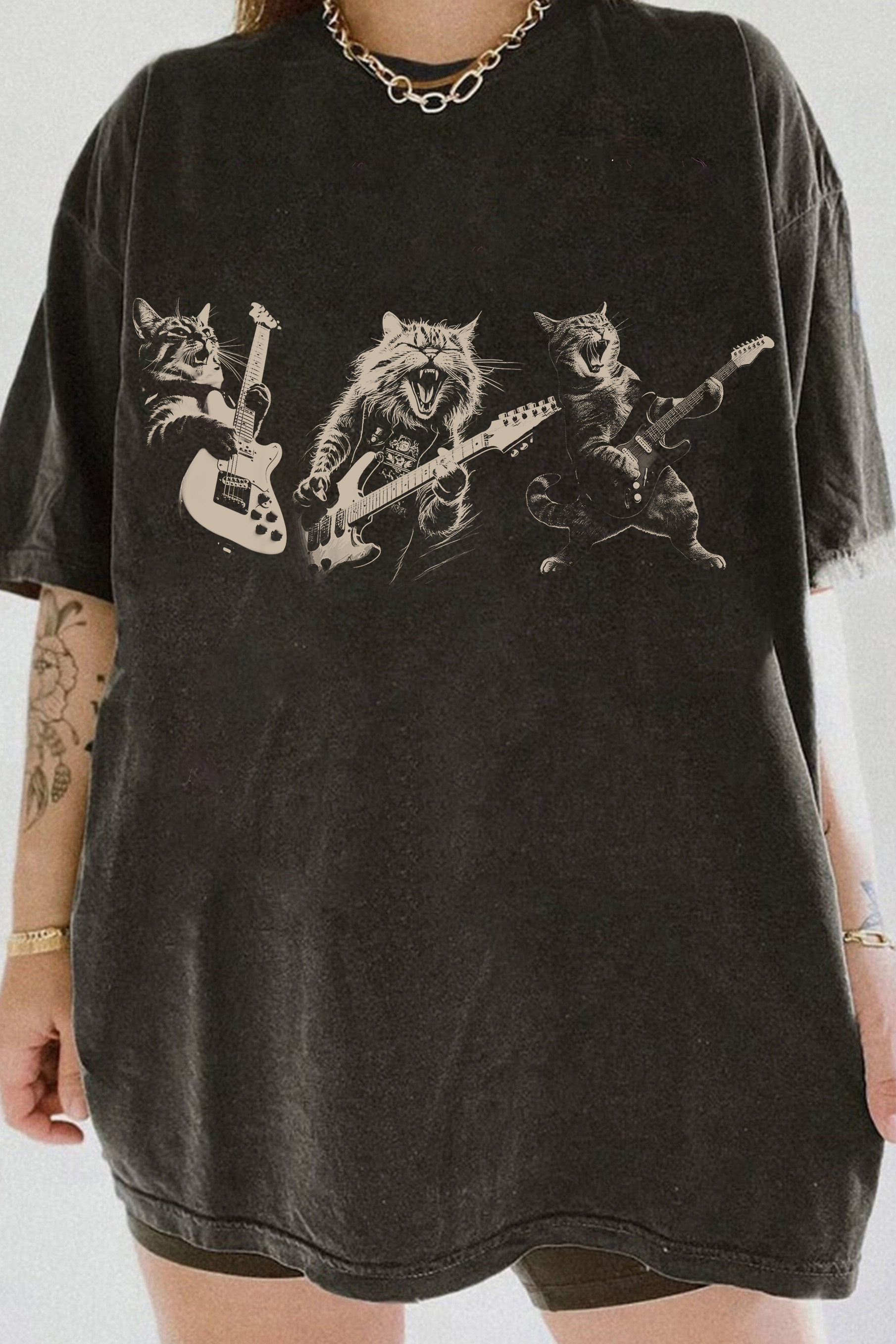 Three Cat Playing Guitar Vintage 90s Style Rock Shirt, Retro Funny Guitar Cat T-Shirt, Rock Lovers, Rocker Gifts, Unisex Adult T-shirt